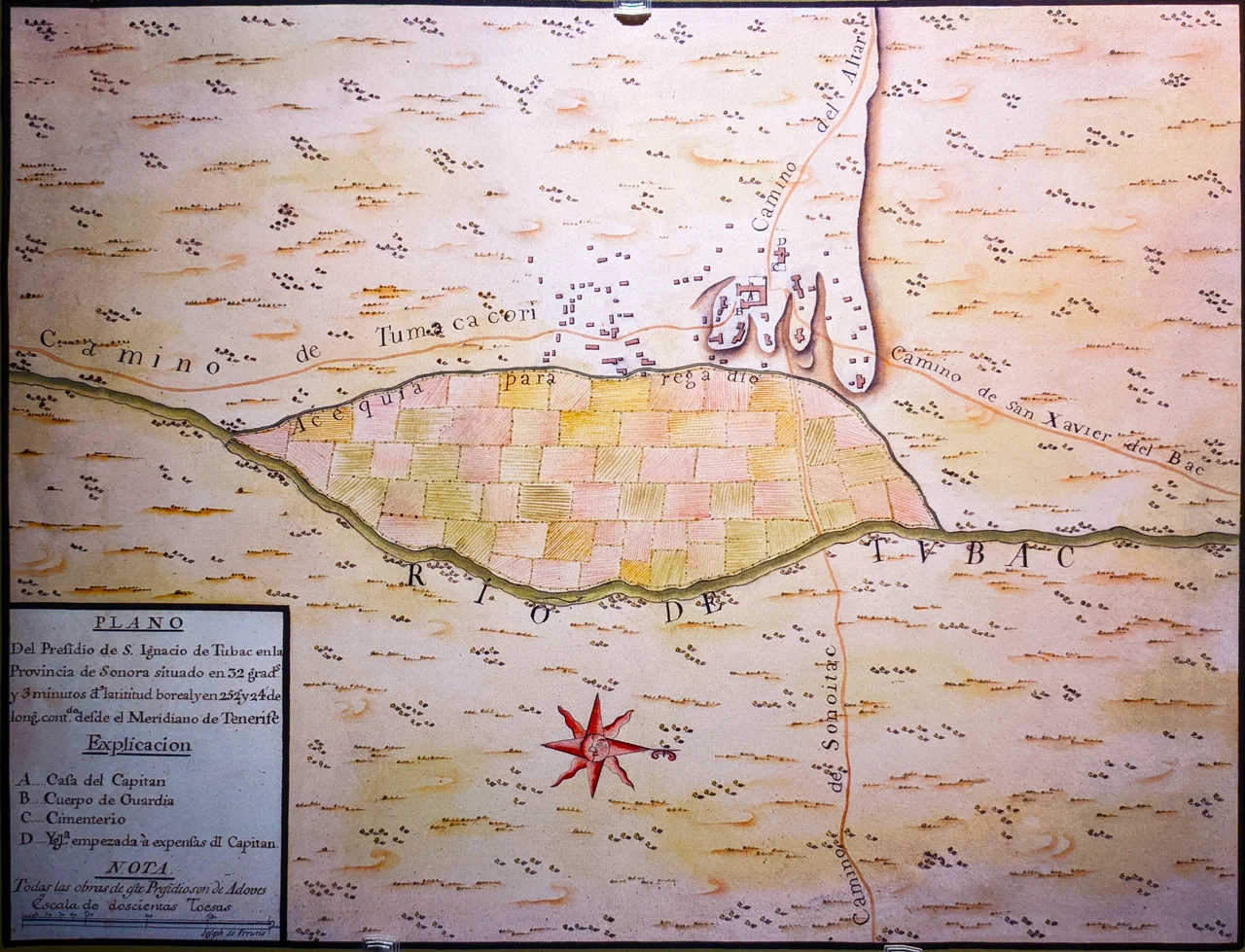 Urrutia Map of Tubac: December 1766—January 1767

A Spanish colonial era map locating San Ignacio de Tubac Presidio in the northern Viceroyalty of New Spain (Colonial México).
The present-day Tubac Presidio State Historic Park in Tubac, Arizona.