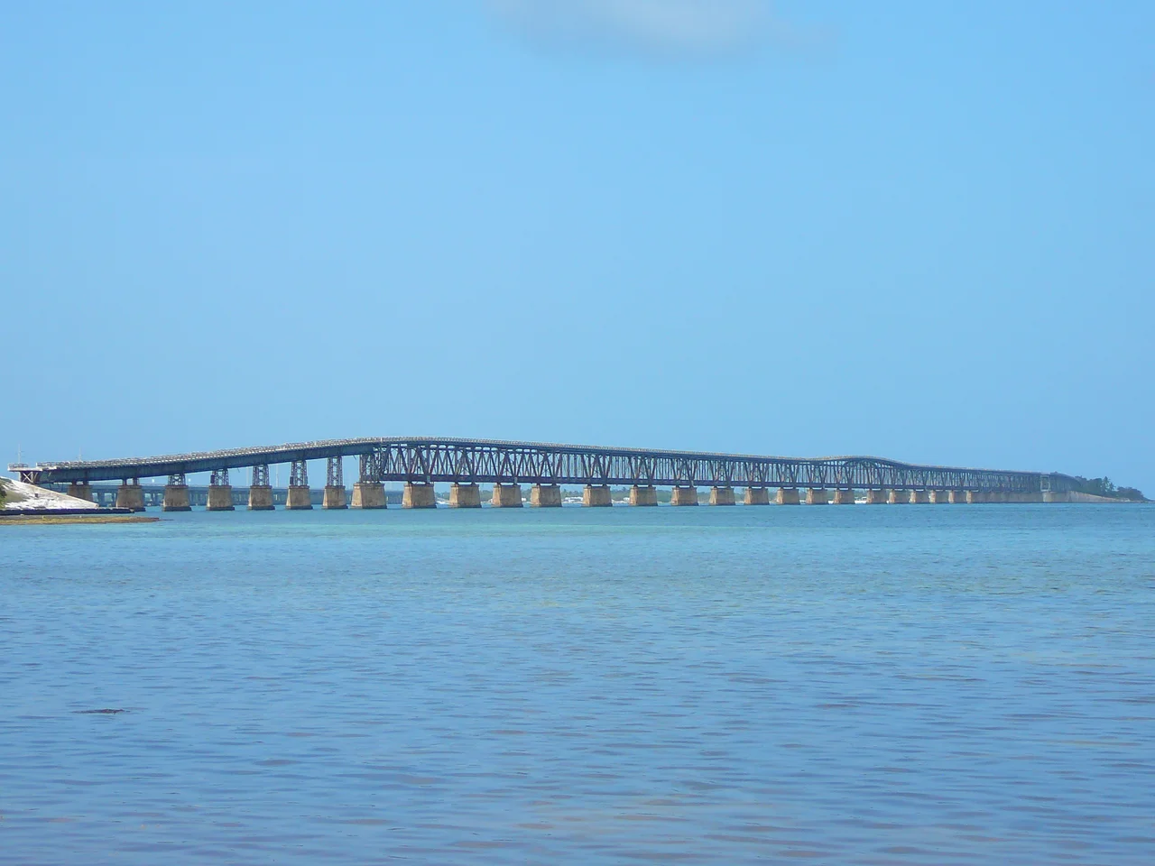 Digital photo taken by Marc Averette.
The en:Bahia Honda Rail Bridge as seen from en:Spanish Harbor Key in the en:Florida Keys 6/23/2008.