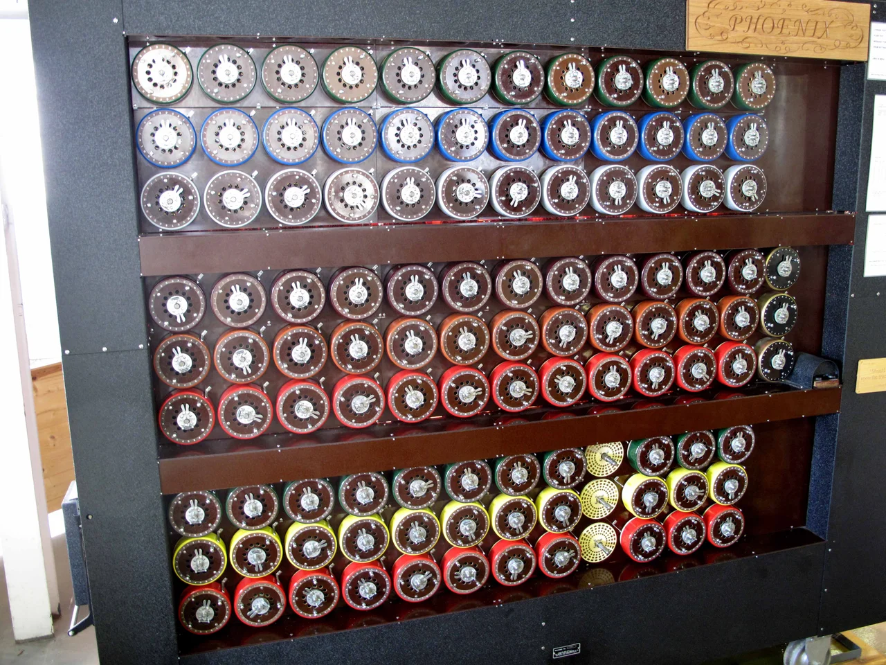 Front view of the working rebuilt bombe at Bletchley Park.