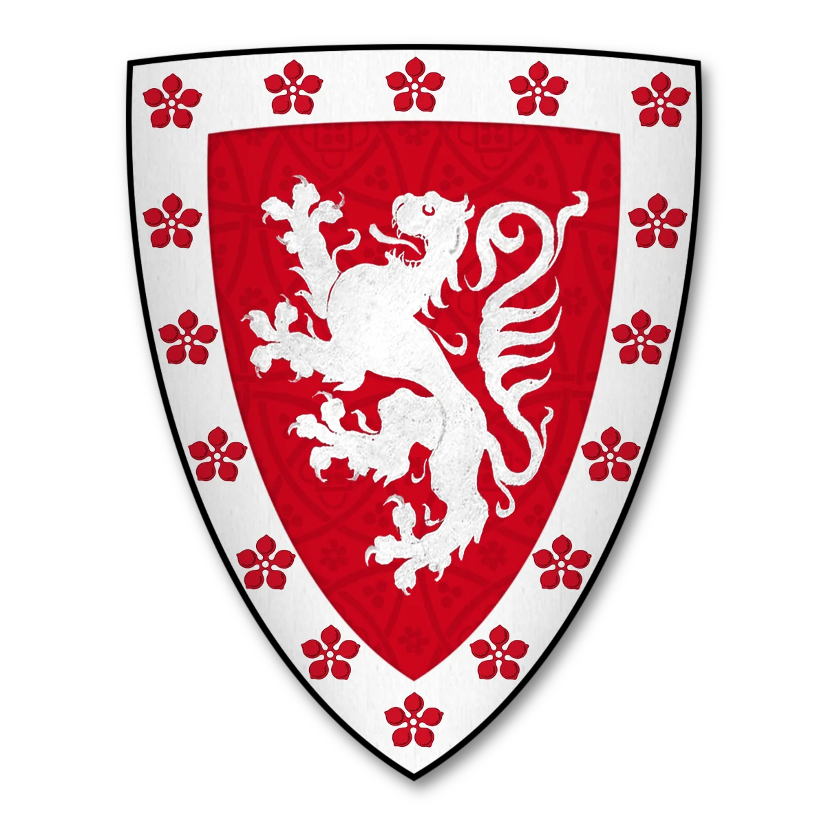 Coat of arms of Patrick de Dunbar, Earl of Dunbar, as blazoned in the Caerlaverock Poem (K-051: "Conte de Laönois")
"Rouge o un blanc lÿoun conois
E blanche en estoit le ourleüre
A roses de l'enchampeüre."

Arms: Gules, a lion rampant within a bordure argent semy of cinquefoils of the first.