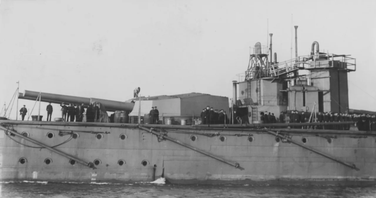 Photograph showing aft Mk XI 12 inch guns of British battleship HMS Vanguard.