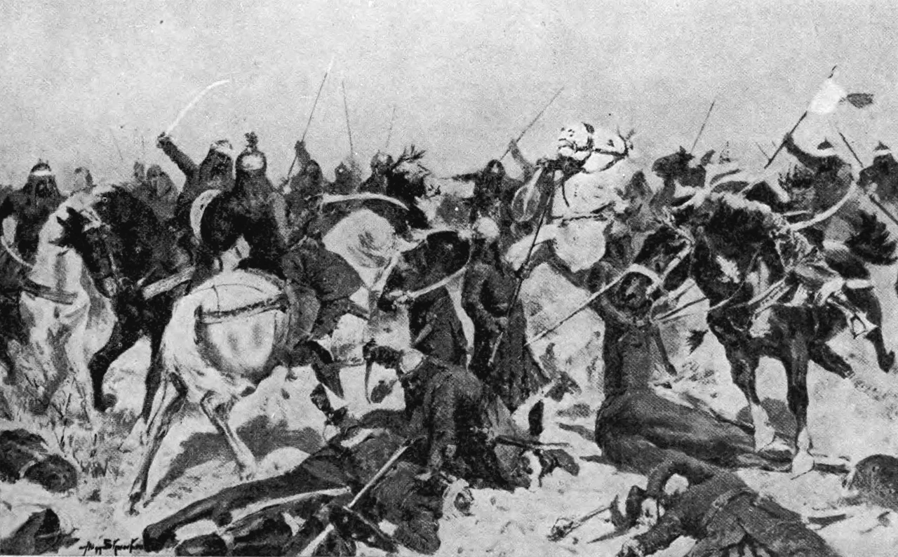 The last stand of Rajputs against Muhammadans in 1192 A.D., signed Alan Stewart. reference
Muhammad Ghori defeats Prithiviraj (Raj Pithora) of Ajmer and Delhi.
Painted specially for this work

From Hutchinson's story of the nations, containing Egyptians, the Chinese,the Indians, the Babylonian nation, the Hittites, the Assyrians, the Phoenicians and the Carthaginians, the Phrygians, the Lydians, and other nations of Asia Minor.