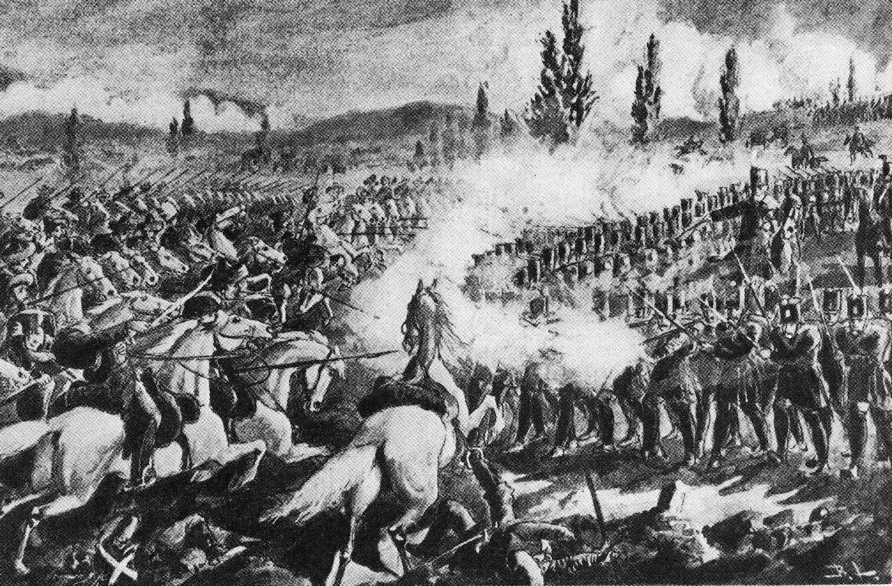 A segesvári csata 1849. július 31-én. Bellony László alkotása. A magyar gyalogság közelből leadott sortüzekkel próbálja megfékezni a kozák lovasság rohamait.